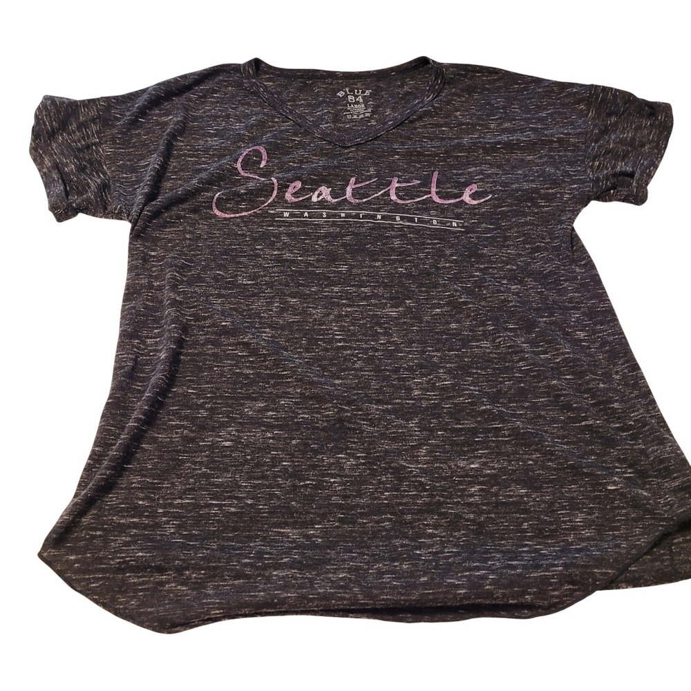 Blue 84 Seattle Graphic T-Shirt Women Large Black Heathered V-Neck Cuffed Sleeve
